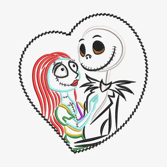 Jack and Sallly Heart Embroidery Design
